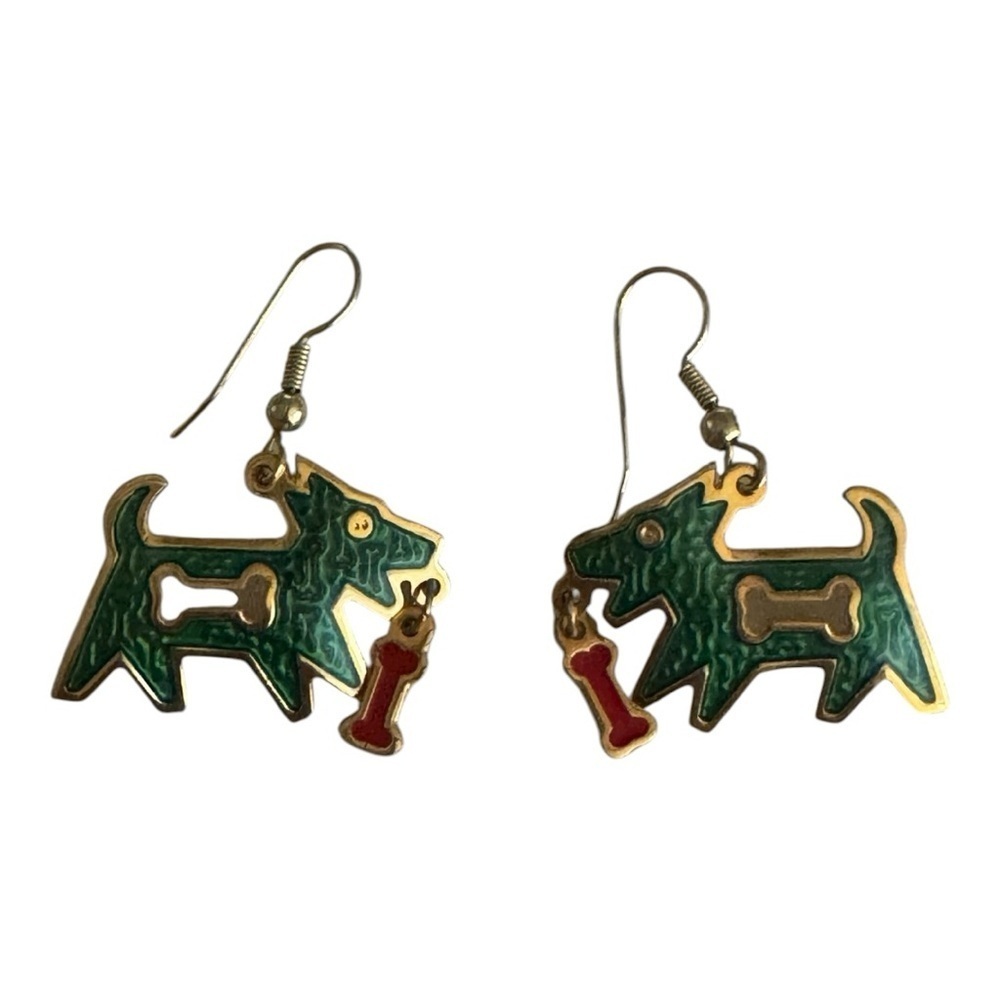 VTG Berebi Enamel Dog Earrings Bone Green Drop Hoop Jewelry Gold Edgar Dangle